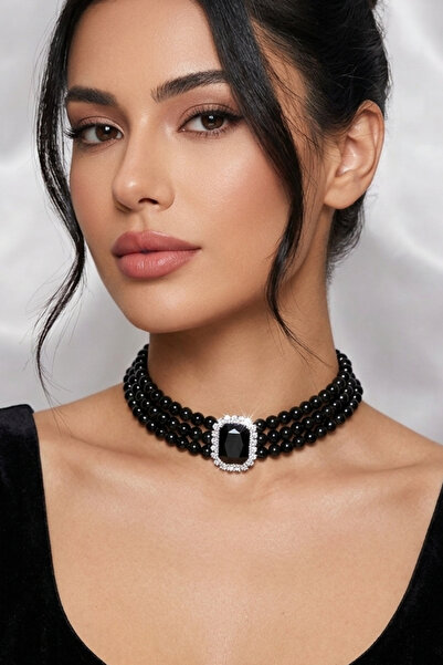 Happyline Baget Taşlı Siyah İncili Choker Kolye, Siyah Cam İncili Kolye , İnc...