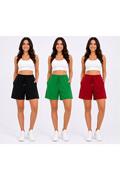 POLYMOOD 3'Lü Set Oversize Belden Bağlamalı Cepli Penye Şort 40 CM