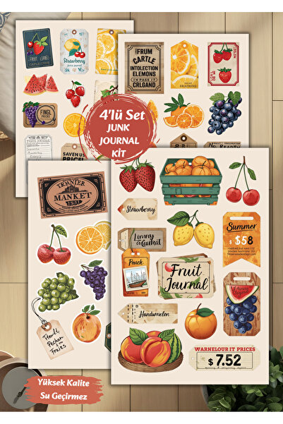 VORACRAFT 4'lü Yaz Keyfi Meyve Sebze Sticker Set Ajanda Bullet Junk Journal P...