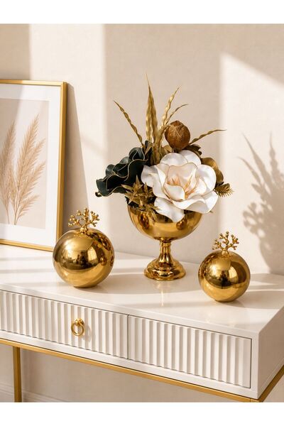 Evaart GOLD ŞEKERLİK SETLİ YAPAY ÇİÇEK ARANJMANI HEDİYELİK EV DEKORASYON ANNE...