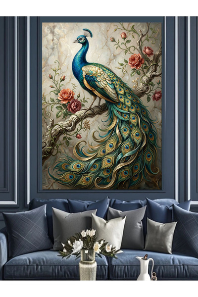 Artmeg Pânză decorativă cu păun magnific pe o ramură de floare - Tablou din l...