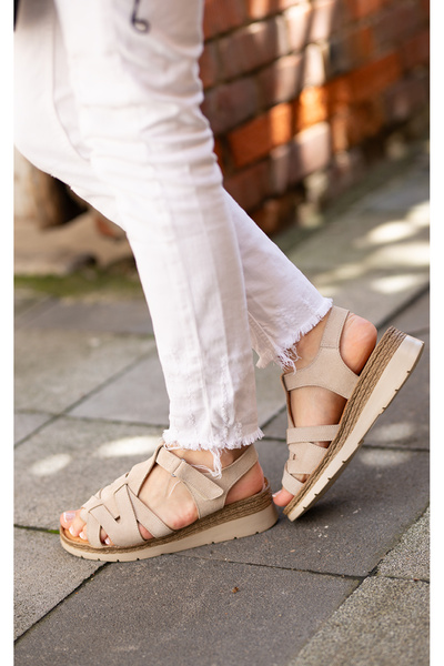 EREN SHOES BAG EKNC-451 Sandale de damă din piele de căprioară, bej, cu bandă...