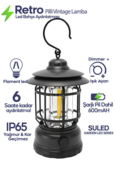 SULED Retro Kamp Lambası Şarjlı & Pilli Fanus Fener Dimmer Özellikli Suya Day...