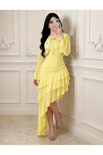 led style Luxury Dress with Asymmetrical Chiffon Layers a