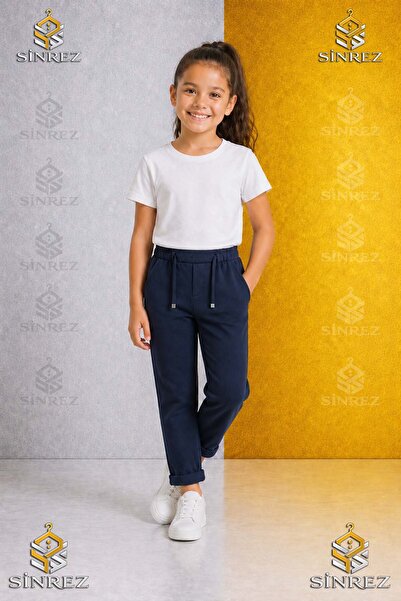 SİNREZ Girls' Plain Trousers 2.Mdl Elastic Waist Lycra Folded Leg Style