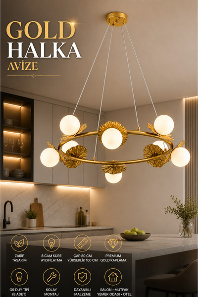 Elvora Home Modern (PREMİUM) Gold Halka Avize 8’li Cam Küreli Şık Salon Mutfa...