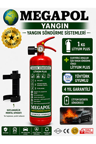 megapol 1 kg lityum Plus elektrikli araç yangın söndürme cihazı, yangın söndü...