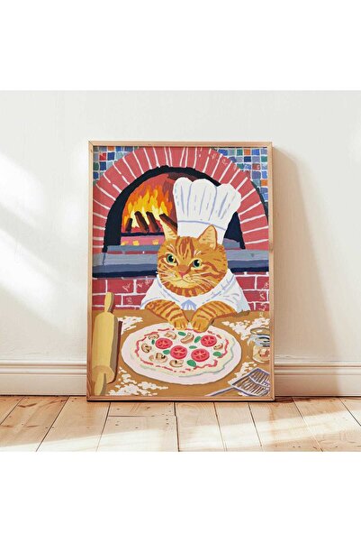 NinaStore Şef Kedi Pizza Duvar Sanatı Baskısı - Komik Mutfak Posteri - Neşeli...