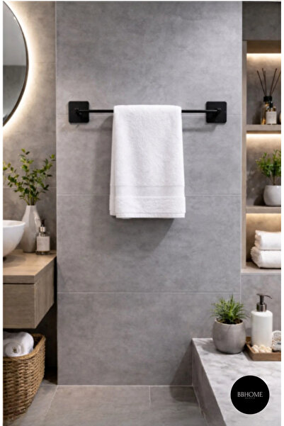 Genel Markalar Siyah Yapışkanlı Uzun Havluluk Metal Banyo Havlu Askısı Vidalı