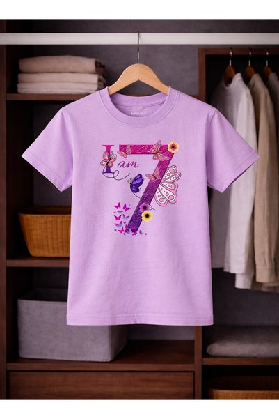 Funkaar Birthday Girl, 7th Year Butterfly Birthday Graphic Print T-Shirt