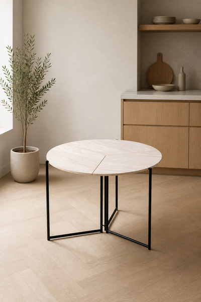 Atolye Casa 100x100 Traverten Yuvarlak Mutfak Masası Balkon Masası Yaprak Model