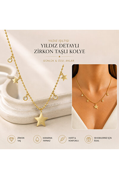 ADELYA CONCEPT Star Detailed Zircon Stone Gold Steel Necklace