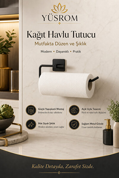 Yapışkanlı Siyah Kağıt Havlu Tutucu, Açık Uçlu Mutfak Kağıt Havluluk, Delmeden Kullanım Metal Peçetelik