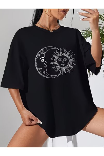 Nilvor Μπλουζάκι Unisex με εικονίδιο Σελήνης και Ήλιου, με μπροστινή στάμπα, ...