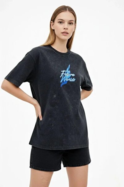 Generic Brand Acid Washed Oversize T-Shirt Worlds Printed Crew Neck Short Sle...