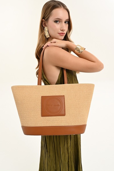 Pierre Cardin Women's Tan Straw Large Volume Zippered Women's Shoulder Bag