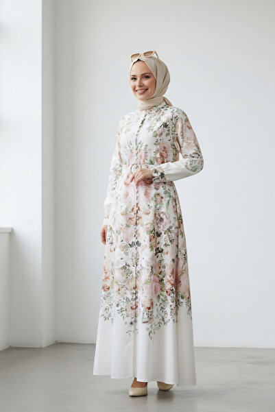 ELVA MODA Gül Desenli Atlas Kumaş Kemerli Kadın Elbise