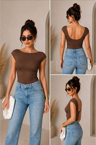 NAVO STUDIO Kadın Siyah Sırt Dekolteli Bluz Kayık Yaka Slim Fit Basic Kısa Ko...
