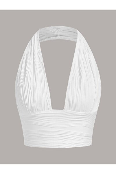 HIMMELDUF Elastanlı HalIter Yaka Crop Dekolteli Bluz