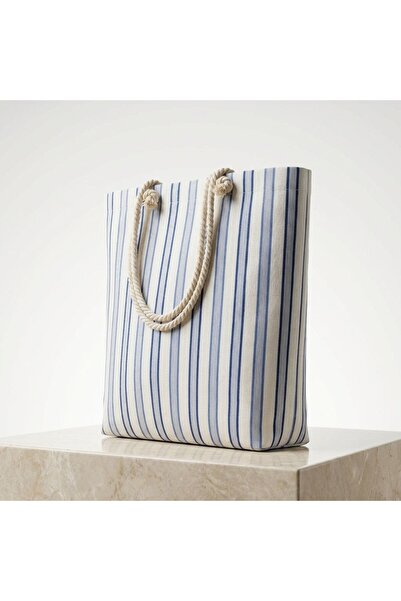 Atelier Dora Çizgili İpli Saplı Tote Çanta Ekru Mavi