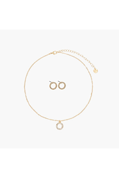 Lifestyle Set of 2 - Gold Tone Embellished Pendant Necklace and Earrings