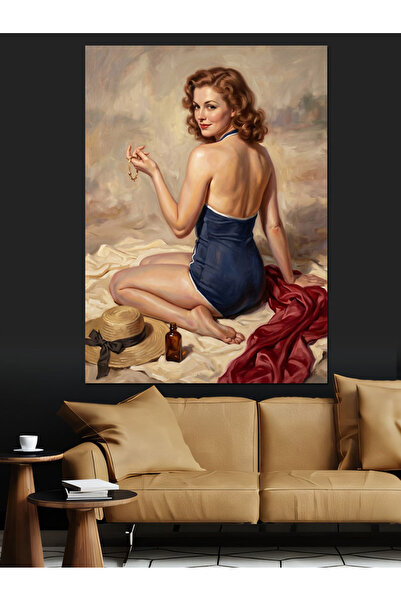 Artmeg Γυναίκα vintage με μαγιό που κάθεται στην παραλία - Διακοσμητικός καμβ...