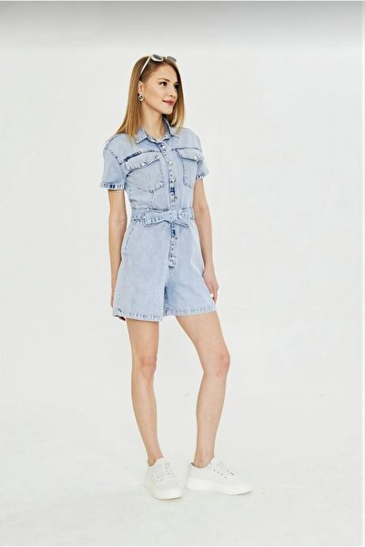 LİNA TİMUR Buz Mavisi Denim Safari Tulum , Jean Tulum