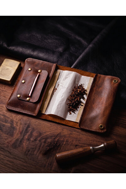 BUO Leather Hakiki Deri Tütün Kesesi, Taba Renk, Trifold Tasarım, Filtre & Ka...