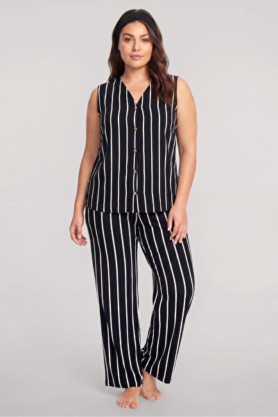 Akbeniz Plus Size Black Striped Vest Summer Pajama Set