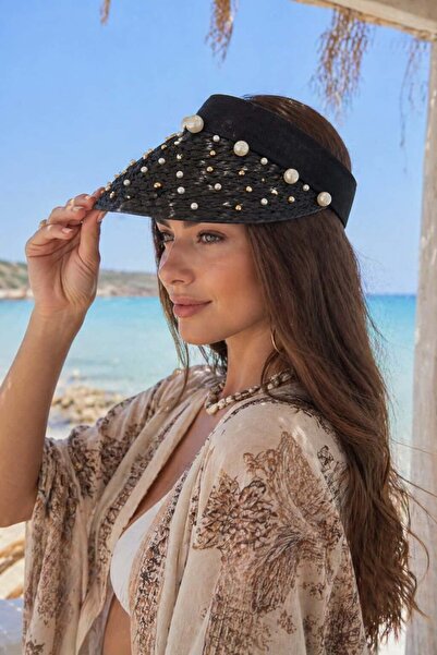 BALIENTE قبعة نسائية من القش مطرزة باللؤلؤ الأسود من Tenisci