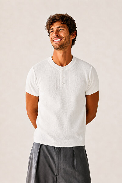 Men's White BSK Model Ribbed Short Sleeve Buttoned Neck Cotton Filled Basic T-Shirt