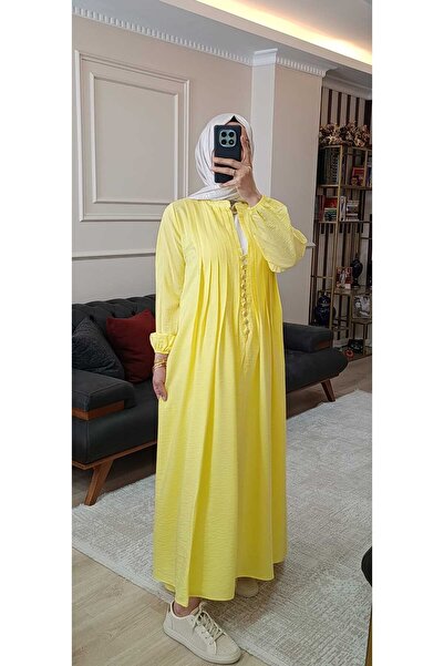 MODA TESETİVA Ön Plise Detaylı Viskon Elbise - Limon Sarısı
