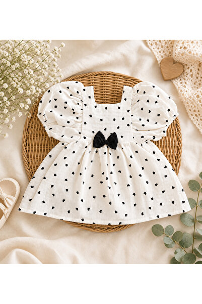ALLYA MİNİ DRESS Kalp Desenli Fiyonk Detaylı Balon Kollu Müslin Kız Bebek Elb...