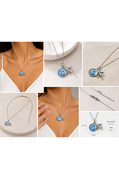 By Pink Accessories Uçak ve Dünya Figürlü Çelik Kolye – Seyahat Temalı Silver...