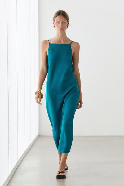 Massimo Dutti %100 keten askılı midi elbise
