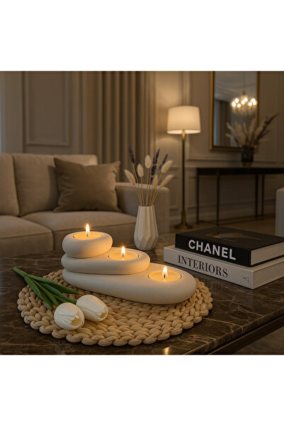 Elora dekorasyon 3'lü Tealight mumluk taş görünüm set doğal ve doğal ve dekor...