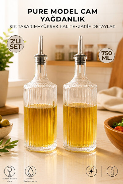 GİNZAMAİSON 2'li Set 750Ml. Pure Model Cam Yağdanlık Paslanmaz Akıtmaz Uçlu Şişe