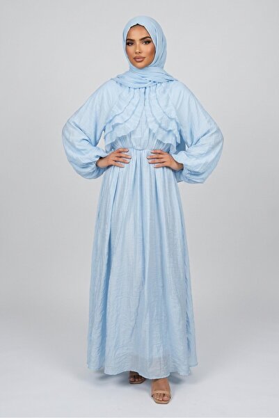 Norshen Baby Blue Women's Chiffon Tulle Dress with Balloon Sleeves and Elasti...