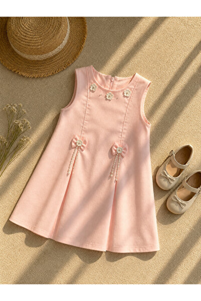 Özgem Kıds Girl's Pink Dress with Pearl Detail, Stylish Holiday Birthday Dres...