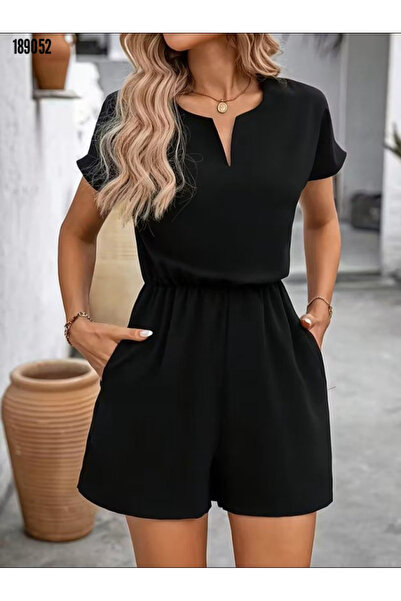 BZ Boutique Kısa Kollu V Yakalı Beli Lastikli Büyük Beden Kısa Şort Krep Tulu...