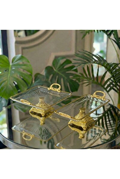 ÇNR Home Collection طقم تقديم زجاجي ذهبي اللون مكون من قطعتين - وعاء للحلويات...