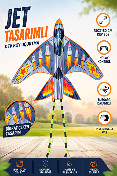 YILDIRIM OYUNCAK Dev Jet Uçak Tasarımlı Uçurtma 150x180 cm Boyutunda 50 Metre...
