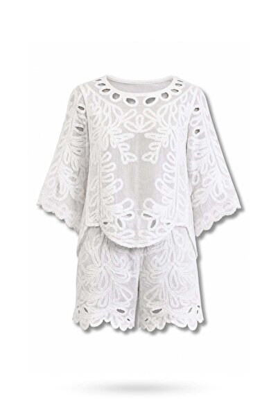 5in1Canpolat White Lace Embroidered Blouse Shorts Set