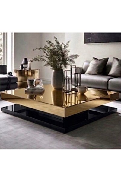 LUXURY VİLLA LUXURY GOLD AYNALI SİYAH CAMLI DEKORATİF TEKERLEKLİ ORTA SEHPA 9...