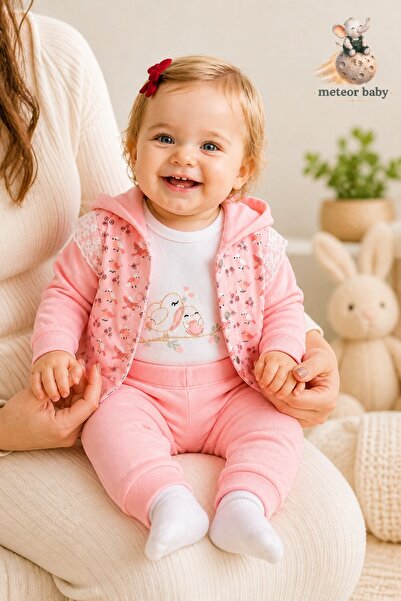 METEOR BABY Baby Girl 3-Piece Set with Hooded Bird Pattern and Flexible Waist...