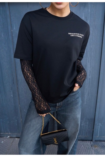 QUSTYLE Δαντελωτή μπλούζα με εμφάνιση τύπου T-shirt