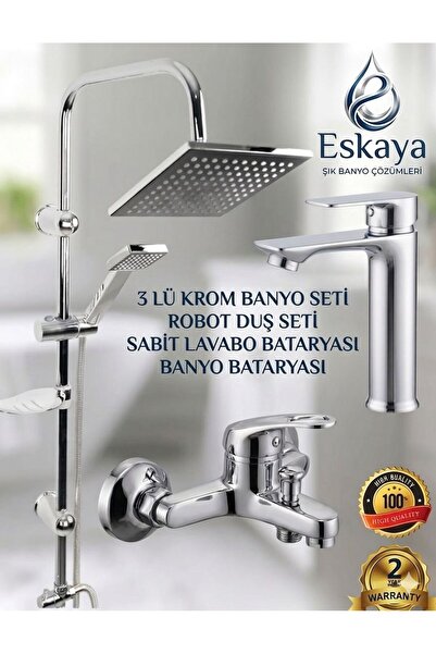 ESHOME 3 lü Banyo Seti Krom Robot Duş Seti Banyo Bataryası ve Sabit Lavabo Ba...