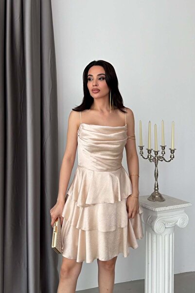 Serica Moda Bej Drapeli İnce Askılı Sırtı Bağlamalı Kısa Abiye Elbise