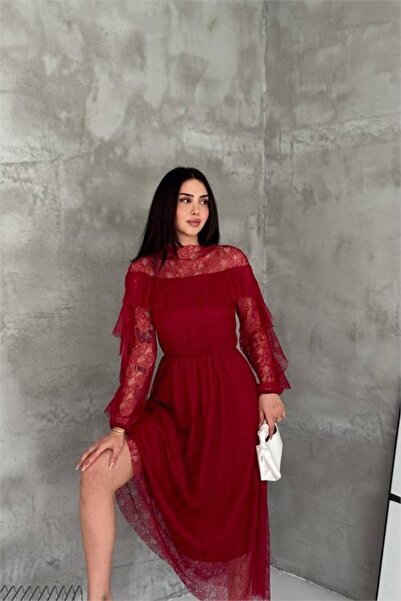 Neşeli Butik فستان نسائي متوسط الطول من التول الشفاف باللون العنابي مع تفاصيل...