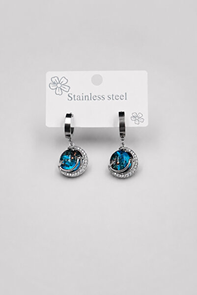 THE Steel Women's Silver Color Blue Stone Sky Earrings Dangle Steel Hoop Earr...